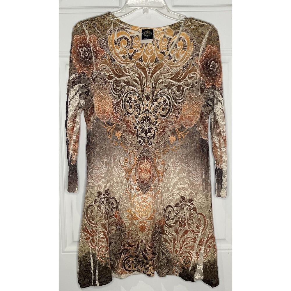 Cal Style Bohemian Lace Overlay Tunic Dress Large Paisley Romantic Bling Fairy